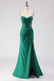 Sparkly Dark Green Mermaid Sweetheart Long Corset Prom Dress with Slit
