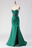 Sparkly Dark Green Mermaid Sweetheart Long Corset Prom Dress with Slit