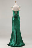 Sparkly Dark Green Mermaid Beaded Ruched Long Corset Prom Dress with Slit