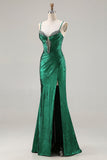 Sparkly Dark Green Mermaid Beaded Ruched Long Corset Prom Dress with Slit