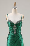 Sparkly Dark Green Mermaid Beaded Ruched Long Corset Prom Dress with Slit