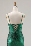 Sparkly Dark Green Mermaid Beaded Ruched Long Corset Prom Dress with Slit
