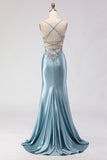 Floral Grey Blue Spaghetti Straps Mermaid Long Corset Prom Dress with Slit