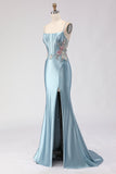 Floral Grey Blue Spaghetti Straps Mermaid Long Corset Prom Dress with Slit
