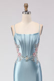 Floral Grey Blue Spaghetti Straps Mermaid Long Corset Prom Dress with Slit
