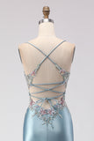 Floral Grey Blue Spaghetti Straps Mermaid Long Corset Prom Dress with Slit