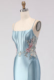 Floral Grey Blue Spaghetti Straps Mermaid Long Corset Prom Dress with Slit