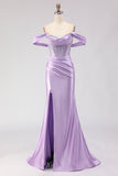 Sparkly Purple Off the Shoulder Beaded Long Corset Prom Dress with Slit