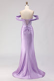 Sparkly Purple Off the Shoulder Beaded Long Corset Prom Dress with Slit