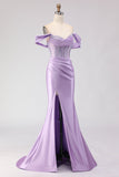 Sparkly Purple Off the Shoulder Beaded Long Corset Prom Dress with Slit
