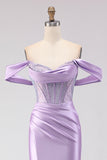Sparkly Purple Off the Shoulder Beaded Long Corset Prom Dress with Slit