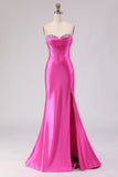 Sparkly Fuchsia Sweetheart Beaded Long Corset Prom Dress with Slit