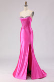 Sparkly Fuchsia Sweetheart Beaded Long Corset Prom Dress with Slit