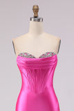 Sparkly Fuchsia Sweetheart Beaded Long Corset Prom Dress with Slit