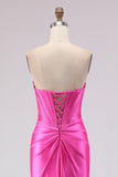 Sparkly Fuchsia Sweetheart Beaded Long Corset Prom Dress with Slit