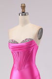 Sparkly Fuchsia Sweetheart Beaded Long Corset Prom Dress with Slit