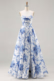 Floral Blue Strapless A Line Long Corset Prom Dress with Slit