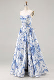 Floral Blue Strapless A Line Long Corset Prom Dress with Slit