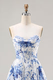 Floral Blue Strapless A Line Long Corset Prom Dress with Slit
