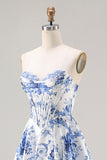 Floral Blue Strapless A Line Long Corset Prom Dress with Slit