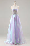 Sparkly Purple A Line Sweetheart Long Corset Prom Dress with Appliques