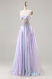 Sparkly Purple A Line Sweetheart Long Corset Prom Dress with Appliques
