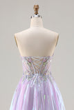 Sparkly Purple A Line Sweetheart Long Corset Prom Dress with Appliques