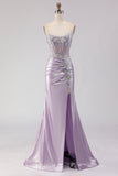 Sparkly Light Purple Corset Floral Mermaid Long Prom Dress with Beading