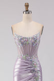 Sparkly Light Purple Corset Floral Mermaid Long Prom Dress with Beading
