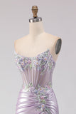 Sparkly Light Purple Corset Floral Mermaid Long Prom Dress with Beading
