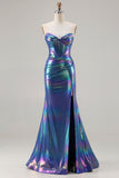Sparkly Navy Sweetheart Mermaid Long Corset Prom Dress with Slit