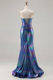 Sparkly Navy Sweetheart Mermaid Long Corset Prom Dress with Slit