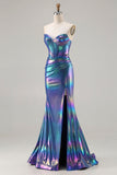 Sparkly Navy Sweetheart Mermaid Long Corset Prom Dress with Slit