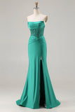 Sparkly Dark Green Strapless Mermaid Long Corset Prom Dress with Beading