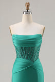 Sparkly Dark Green Strapless Mermaid Long Corset Prom Dress with Beading
