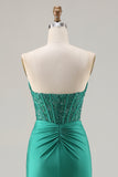 Sparkly Dark Green Strapless Mermaid Long Corset Prom Dress with Beading