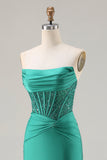 Sparkly Dark Green Strapless Mermaid Long Corset Prom Dress with Beading