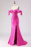 Sparkly Fuchsia Mermaid Beaded Long Corset Prom Dress with Slit