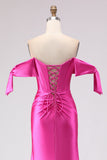 Sparkly Fuchsia Mermaid Beaded Long Corset Prom Dress with Slit