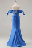 Sparkly Royal Blue Mermaid Beaded Long Corset Prom Dress with Slit