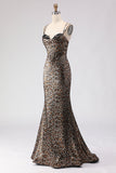 Sparkly Khaki Mermaid Leopard Print Long Corset Prom Dress with Beading
