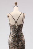 Sparkly Khaki Mermaid Leopard Print Long Corset Prom Dress with Beading