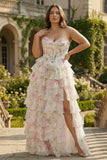Floral Pink Tiered Plus Size Ruffled A Line Long Corset Prom Dress with Slit