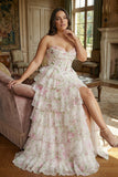 Floral Pink Tiered Plus Size Ruffled A Line Long Corset Prom Dress with Slit