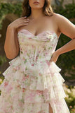 Floral Pink Tiered Plus Size Ruffled A Line Long Corset Prom Dress with Slit