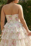 Floral Pink Tiered Plus Size Ruffled A Line Long Corset Prom Dress with Slit