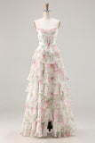 Floral Pink Tiered Ruffled A Line Long Corset Prom Dress with Slit
