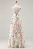 Floral Pink Tiered Ruffled A Line Long Corset Prom Dress with Slit