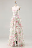 Floral Pink Tiered Ruffled A Line Long Corset Prom Dress with Slit