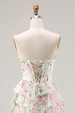 Floral Pink Tiered Ruffled A Line Long Corset Prom Dress with Slit